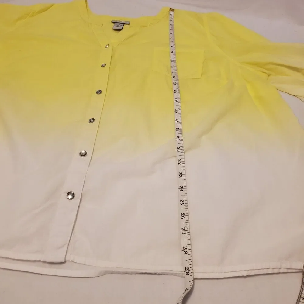 Cathrines Plus Sz 3X Yellow Ombre Button Down Blouse Rhinestones Roll Tab Sleeve